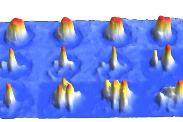 Nell’esperimento, l’evoluzione temporale (da sinistra a destra) della nuova fase con caratteristiche supersolide (riga centrale) appare tra un condensato di Bose-Einstein ordinario (riga in alto) e una già nota fase di gocce quantistiche disordinate (riga in basso). Si nota la formazione di una struttura periodica (qui nello spazio degli impulsi) fra una fase omogenea (la BEC) e una disordinata (le gocce)