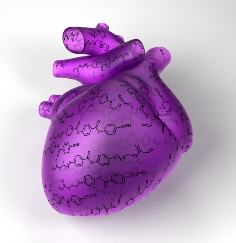 La rappresentazione schematica di un cuore artificiale basato su un innovativo cristallo liquido elastomerico capace di contrarsi sotto stimolo luminoso materiali intelligenti