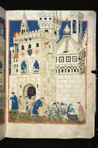 Firenze, Biblioteca Medicea Laurenziana, Tempi 3 – Libro del Biadaiolo (f. 58r: Firenze accoglie i poveri); copista: anonimo; miniatore: Maestro delle effigi domenicane