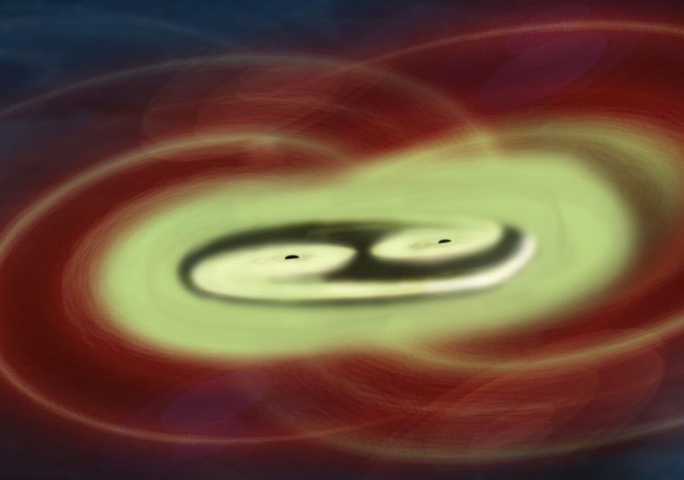 Rappresentazione artistica di una coppia di buchi neri supermassicci durante una fusione galattica (FOTO ESA)