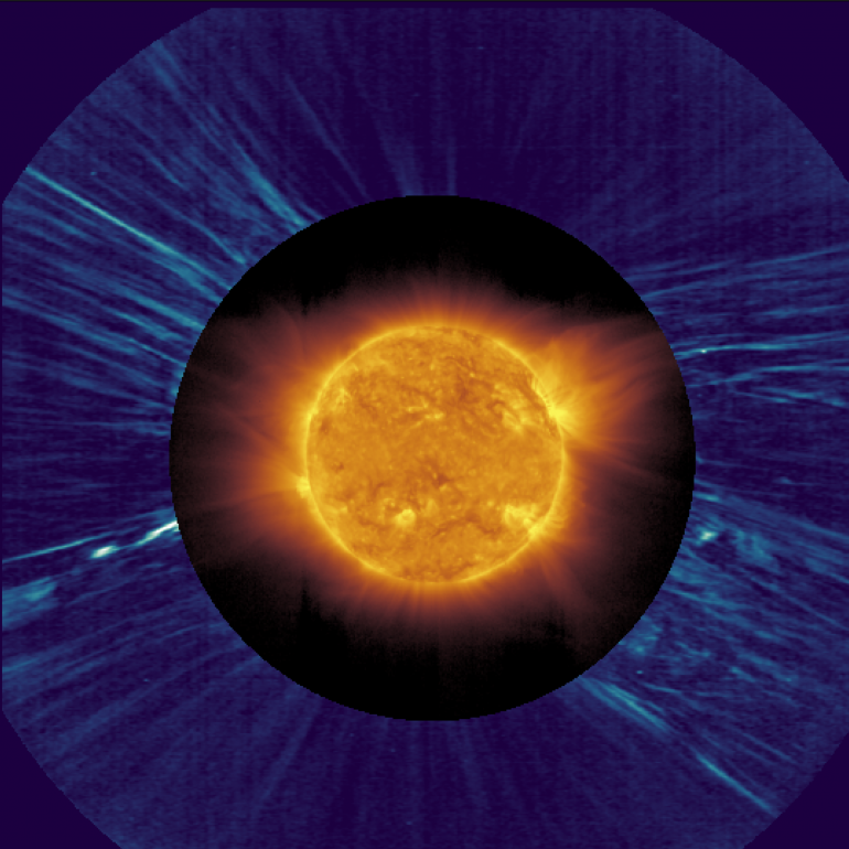 Immagine composita del Sole osservato dagli strumenti di Solar Orbiter il 25 marzo 2022. L'immagine centrale è stata presa dallo strumento Extreme Ultraviolet Imager (EUI), quella più esterna dal coronografo Metis, che mostra lo switchback (la struttura visibile nei colori blu e bianco) in basso a sinistra. Crediti: ESA & NASA/Solar Orbiter/EUI & Metis Teams and D. Telloni et al. (2022)