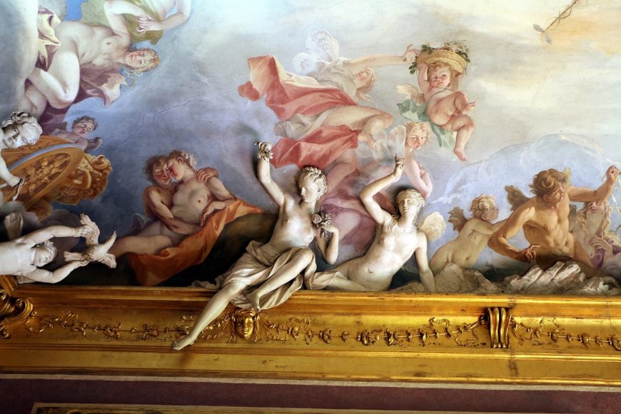 Sala Giovinezza al bivio - dettaglio degli affreschi di Sebastiano Ricci e degli stucchi di Giovanni Baratta