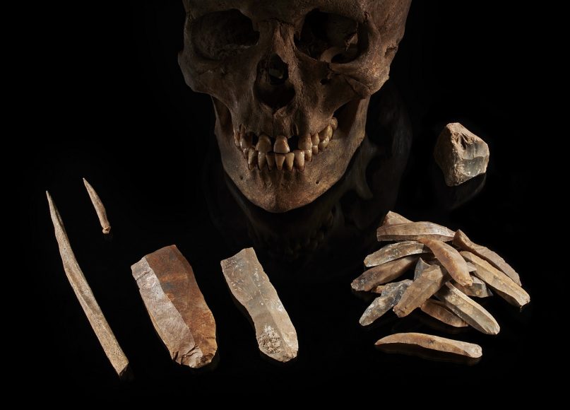 Cranio maschile e utensili in pietra provenienti da Groß Fredenwalde (Germania), datati a 7.000 anni fa (Foto Volker Minkus)